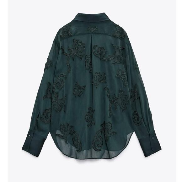 Zara Semi-Sheer Collared Button-Up Blouse Tonal Bead Applique Forest Green Small - Picture 6 of 14